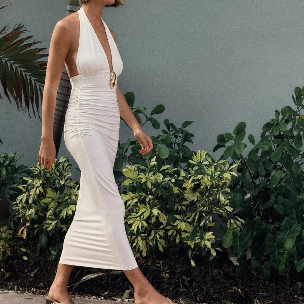 Zara White Halter Dress with Gold Detail